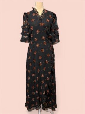 Zara Black Floral Wrap Midi Dress